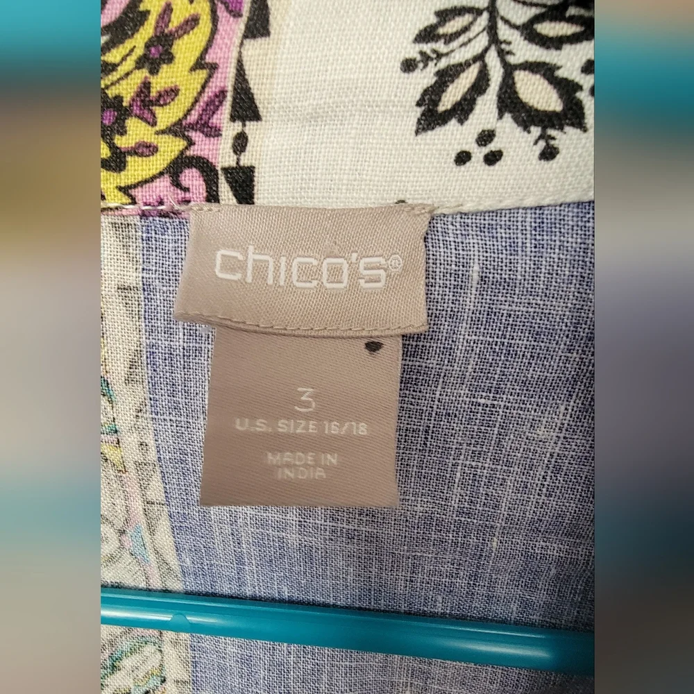 Chico's Linen Open Cardigan XL/16 3 Boho Patchwork Blue Green - Picture 3 of 5